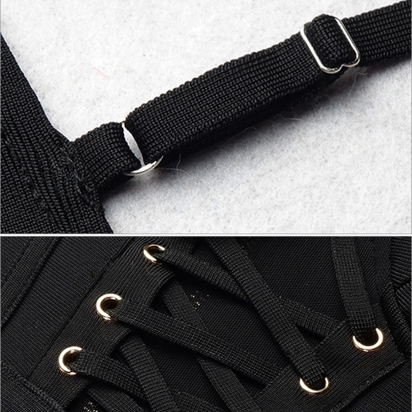 🎥 Bandage Lace Up Mesh Detail Bodycon Dress Black - Picture 6 of 12